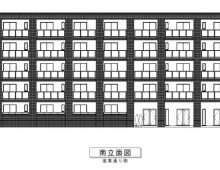 【南側立面図】産業道路側の完成予想図です。建物は道路端（歩道）から８．５ｍ離れており建物に向かって若干の上り傾斜があります。１階のベランダ天端は２ｍあり室内側から道路を見下ろす形になります。